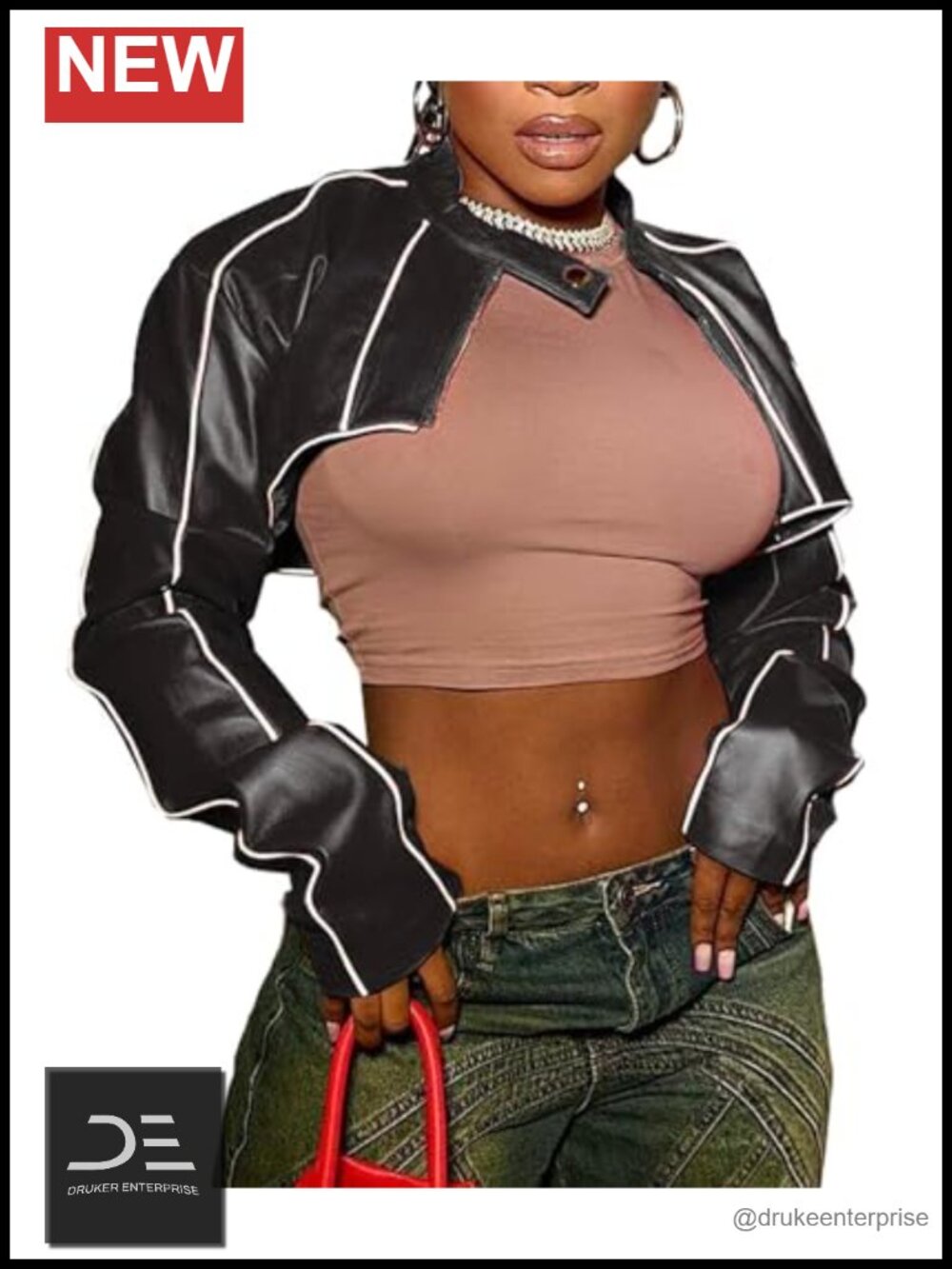 PU Leather Crop Moto Biker Jacket Zip Up Slim Bolero Coat